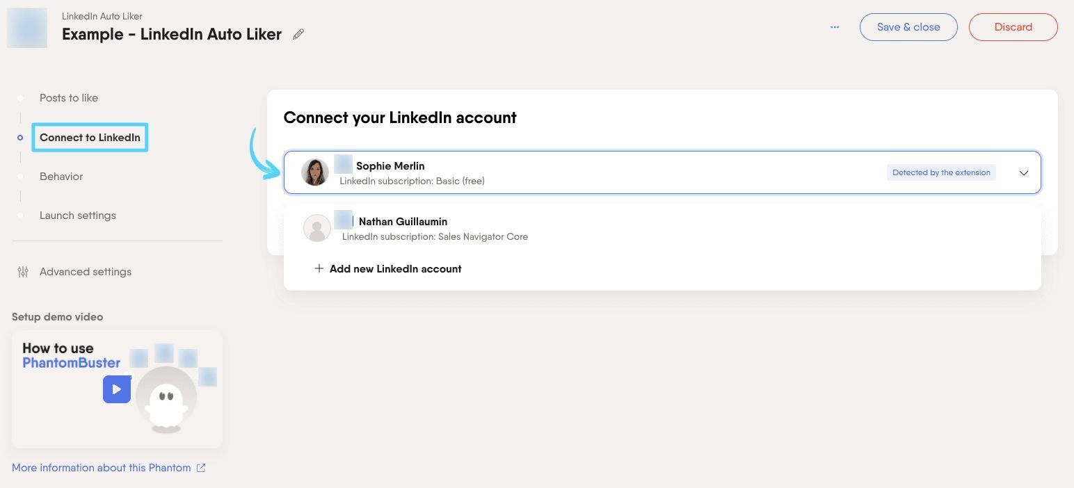 PhantomBuster LinkedIn Auto Liker step 2 connecting your LinkedIn account