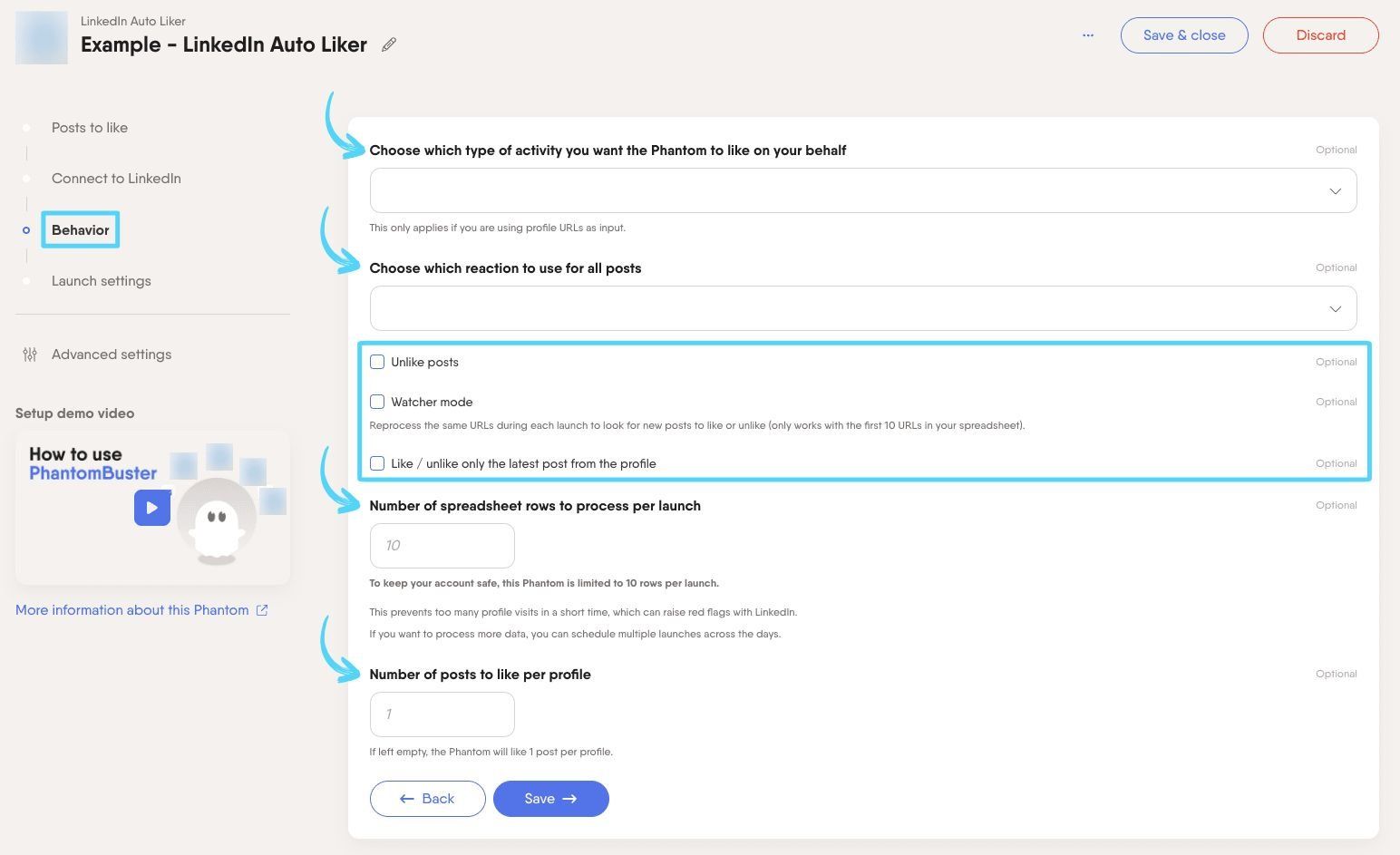 PhantomBuster LinkedIn Auto Liker step 3 choosing reactions and activity type