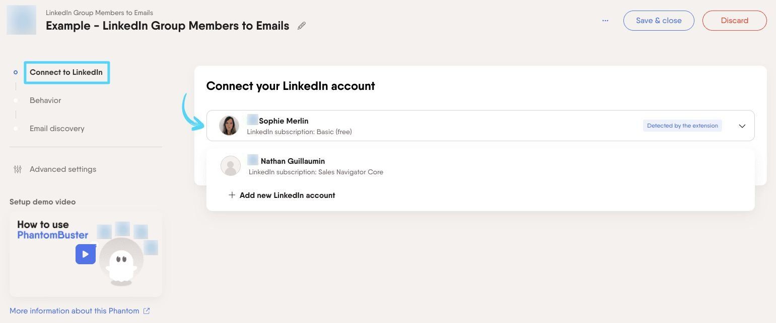 PhantomBuster LinkedIn Group Members to Emails step 1 connecting your LinkedIn account