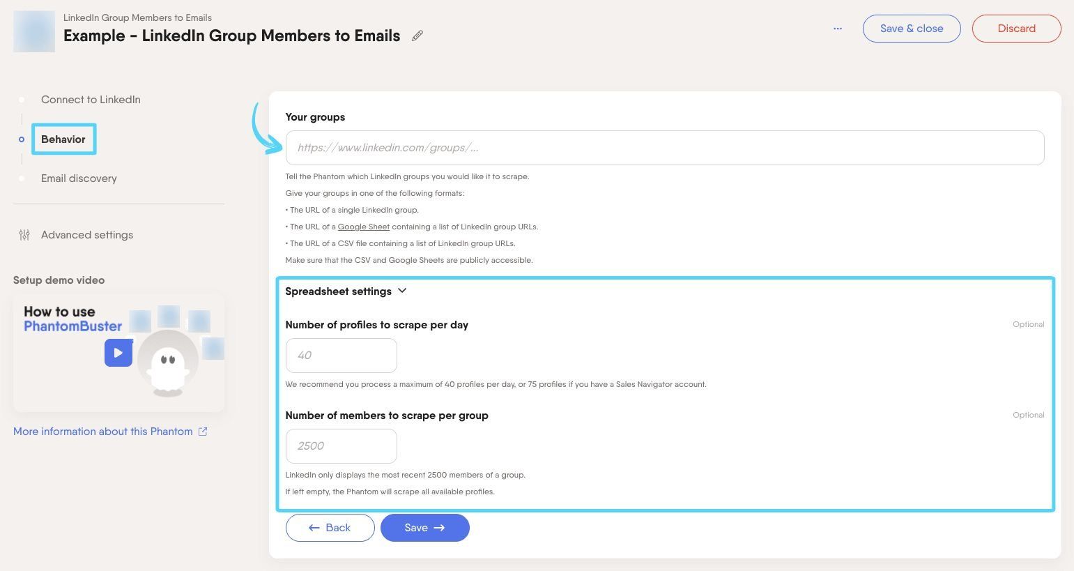 PhantomBuster LinkedIn Group Members to Emails step 2 providing LinkedIn group URLs