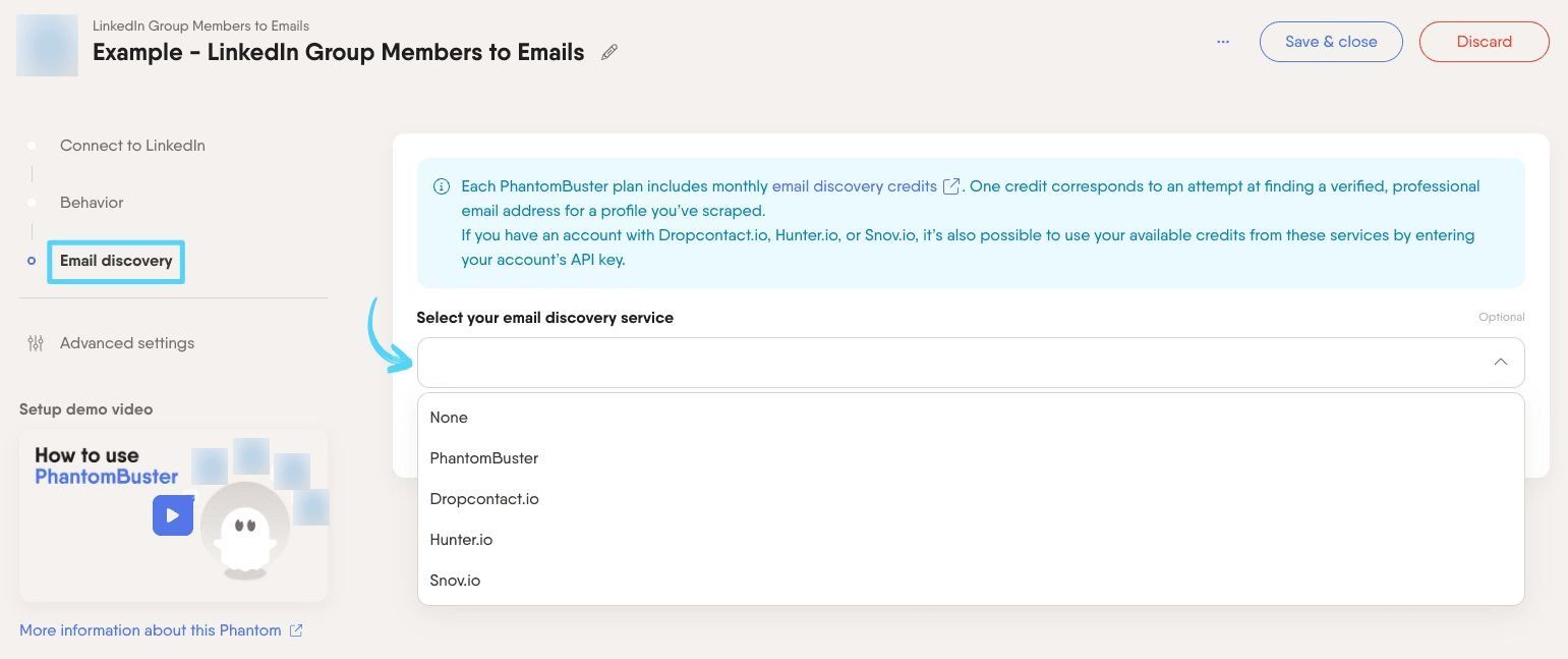 PhantomBuster LinkedIn Group Members to Emails step 3 selecting an email discovery service to enrich leads