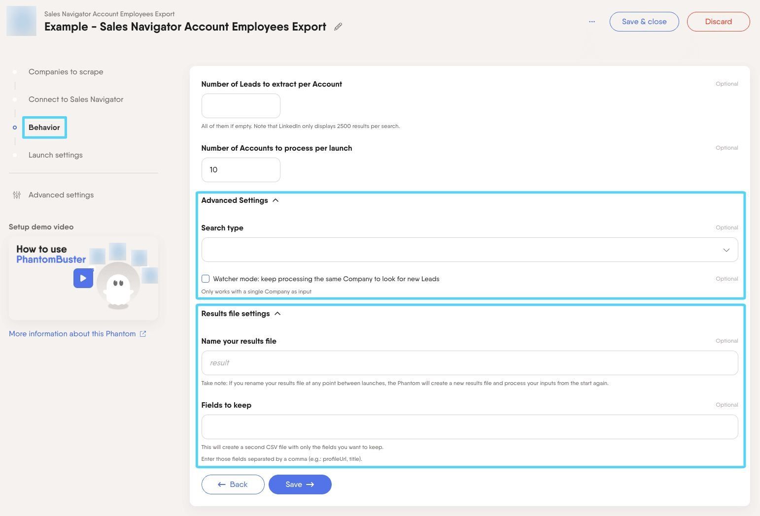 PhantomBuster Sales Navigator Account Employees Export step 3 advanced settings and result file dropdown menus