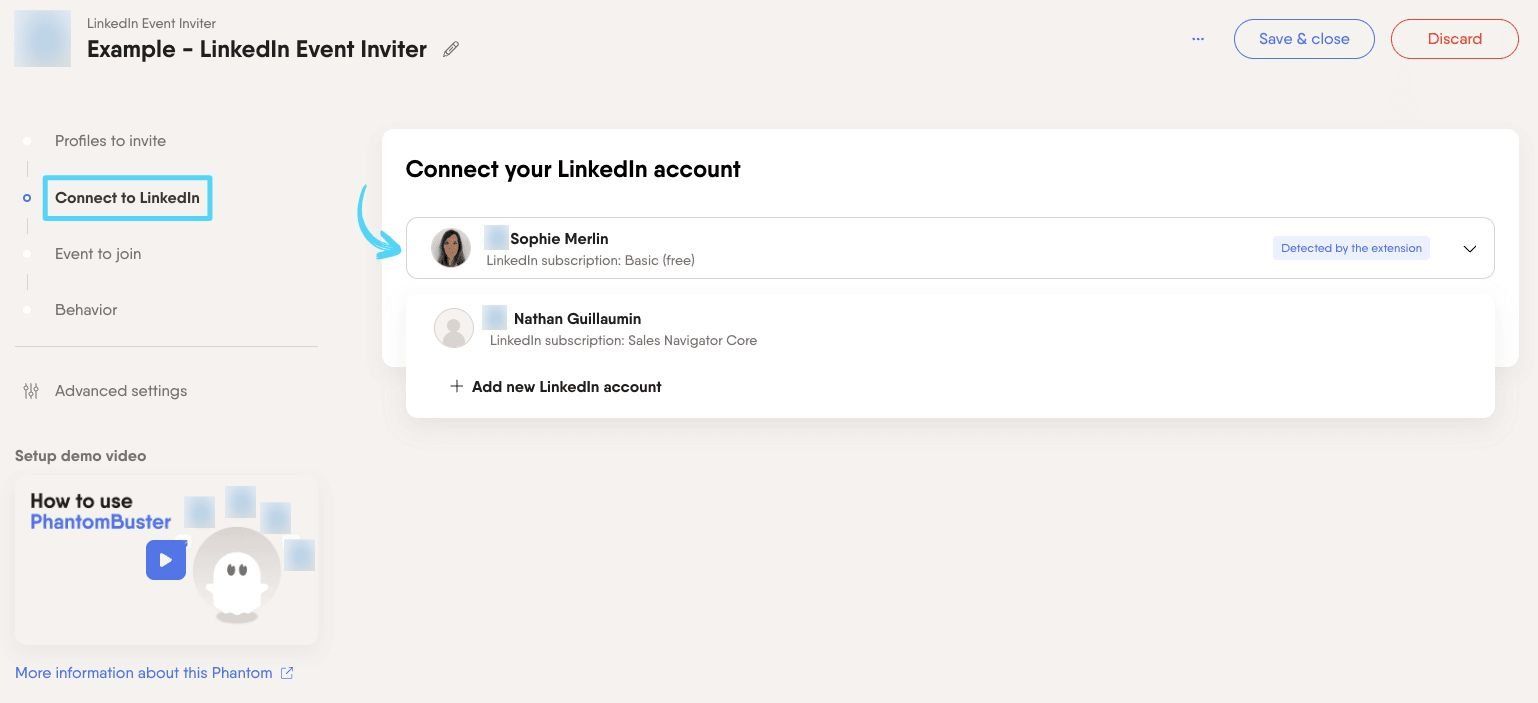 PhantomBuster LinkedIn Event Inviter step 2 connecting your LinkedIn account