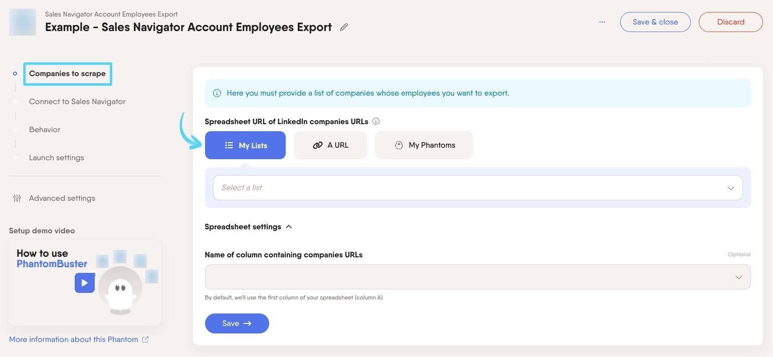 PhantomBuster Sales Navigator Account Employees Export step 1 choosing which companies to extract employees from