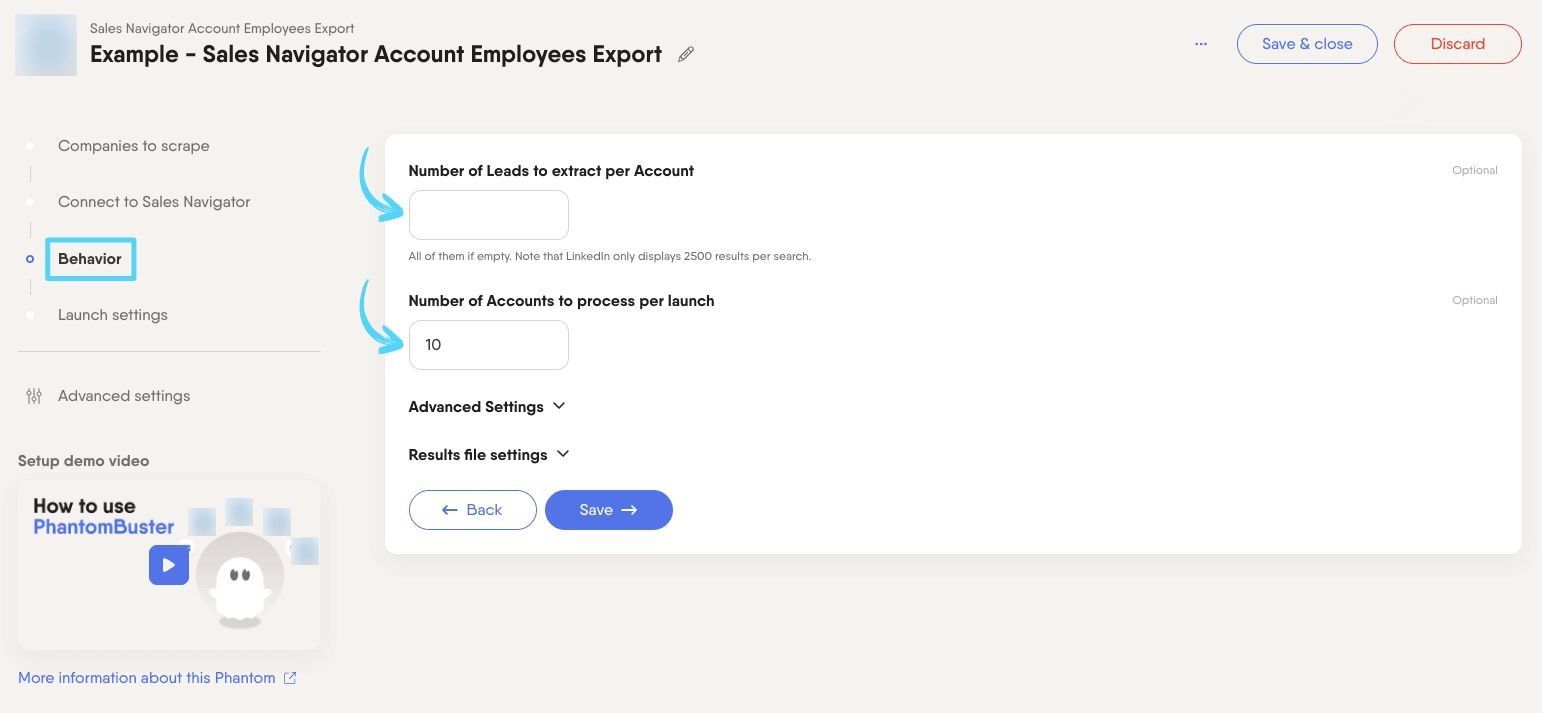 PhantomBuster Sales Navigator Account Employees Export step 3 configuring leads per account and accounts per launch