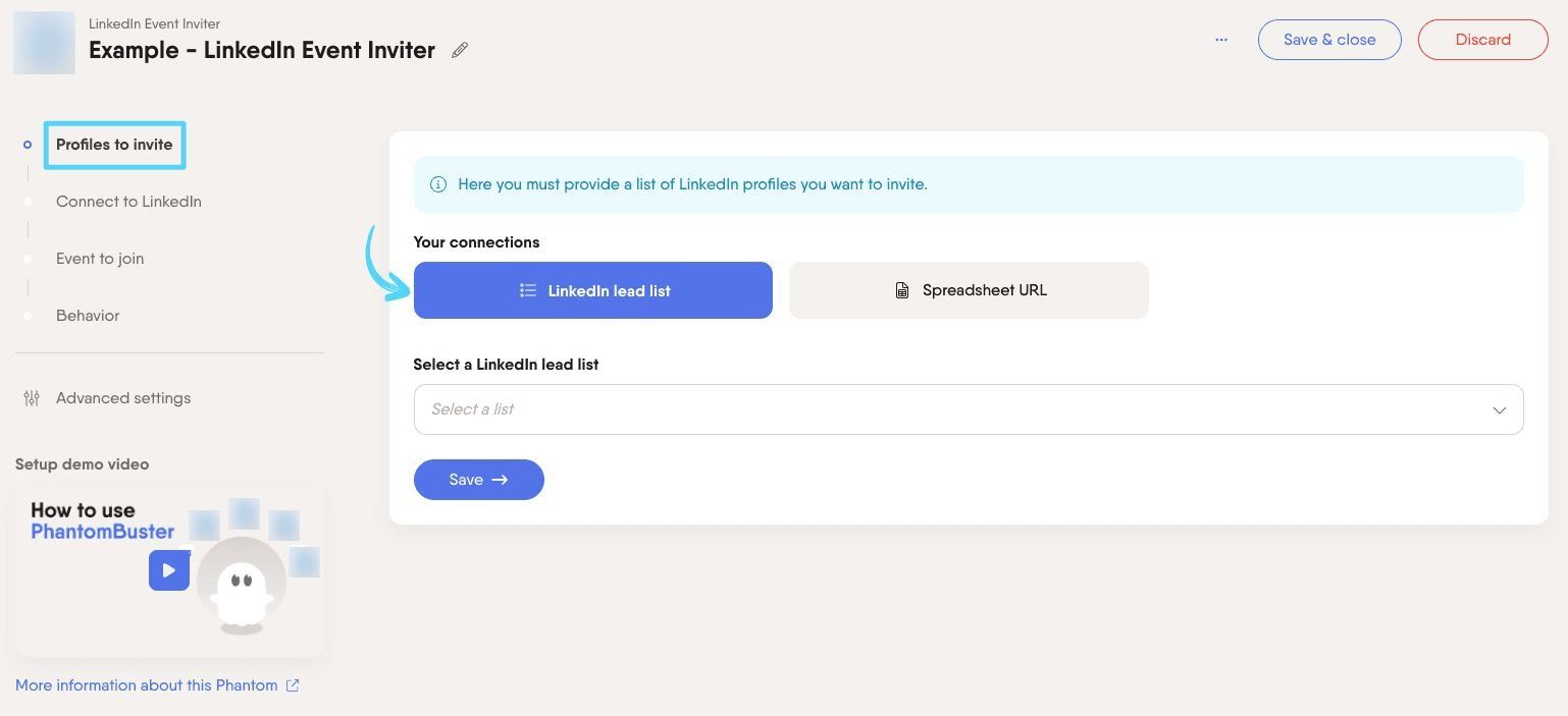 PhantomBuster LinkedIn Event Inviter step 1 choosing which connections to invite
