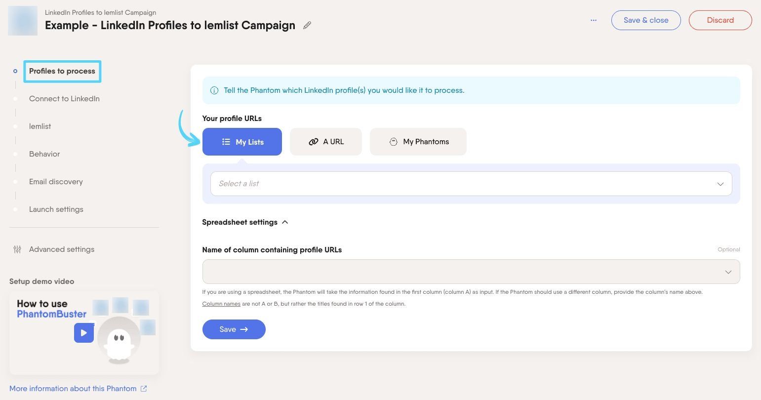 PhantomBuster LinkedIn Profiles to lemlist Campaign step 1 providing the LinkedIn profiles to process