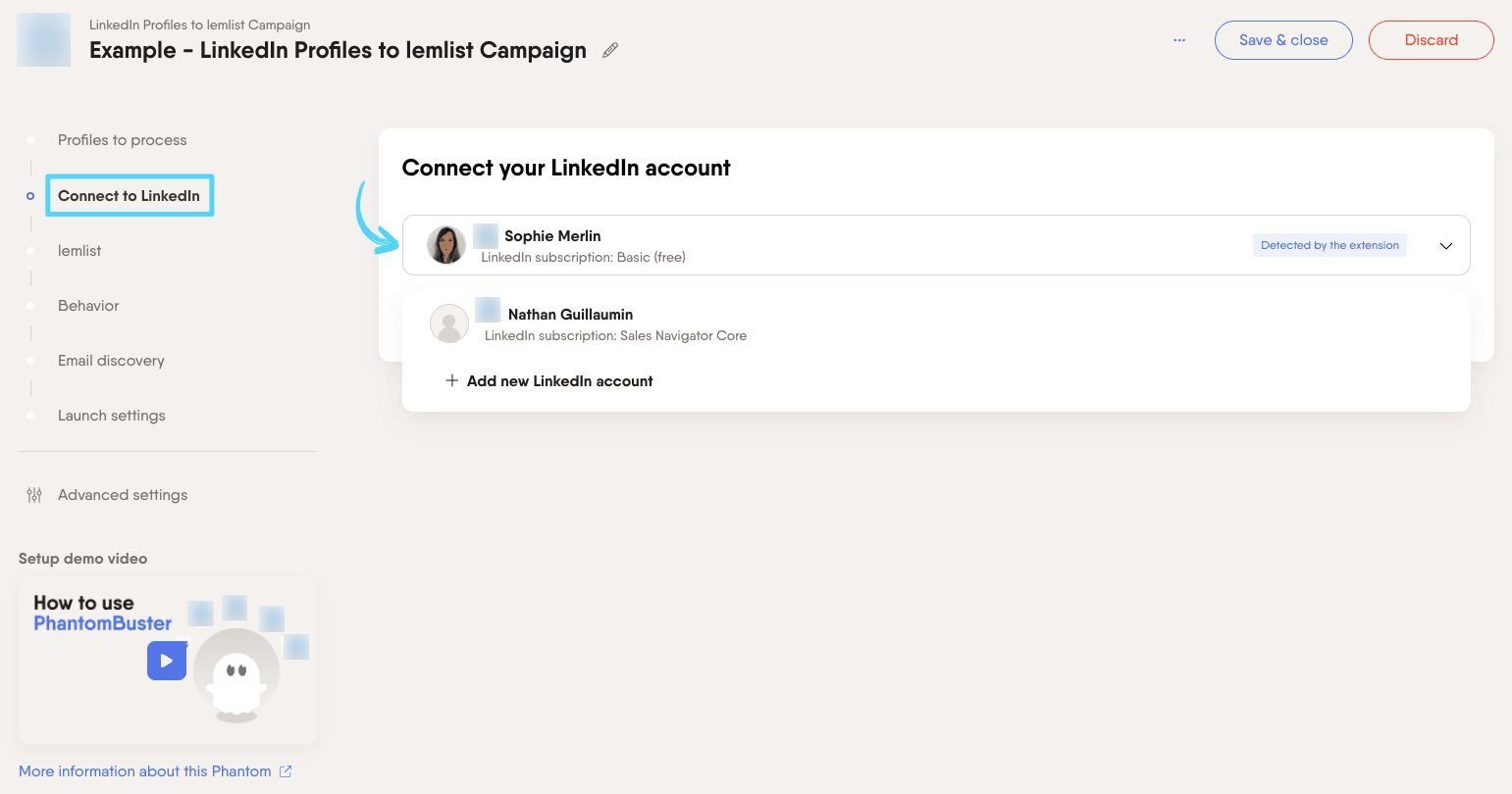 PhantomBuster LinkedIn Profiles to lemlist Campaign step 2 connecting your LinkedIn account