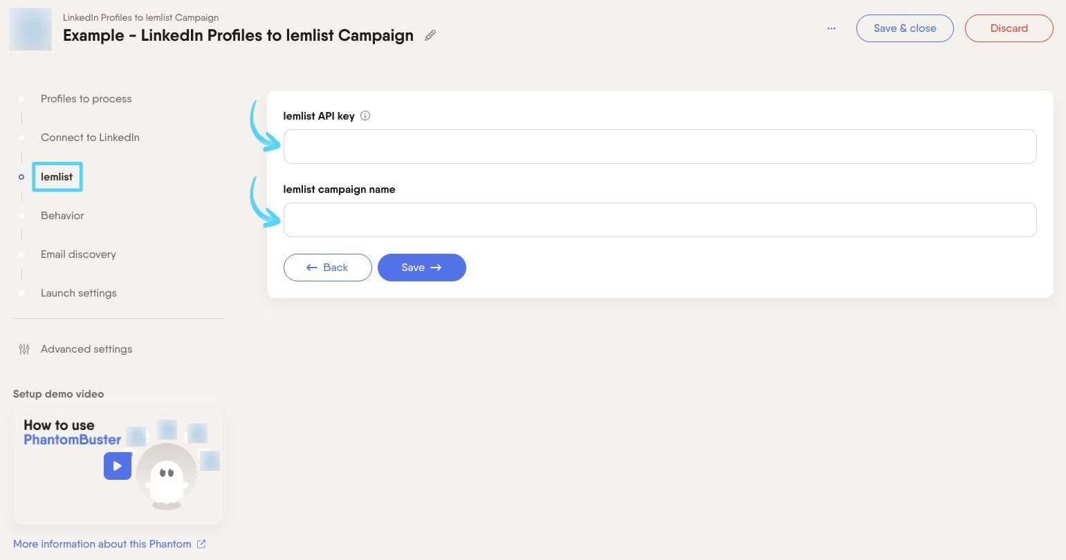 PhantomBuster LinkedIn Profiles to lemlist Campaign step 3 connecting your lemlist account