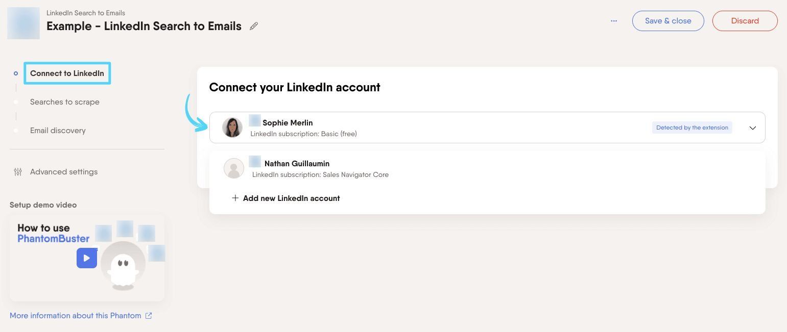 PhantomBuster LinkedIn Search to Emails step 1 connecting your LinkedIn account