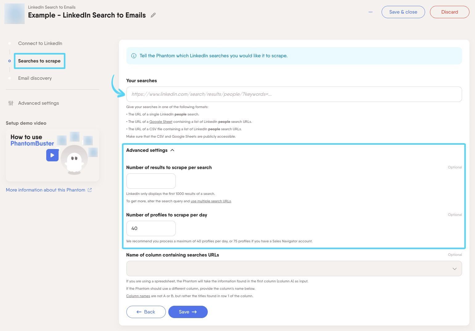 PhantomBuster LinkedIn Search to Emails step 2 adding your people search URLs and setting extraction limits