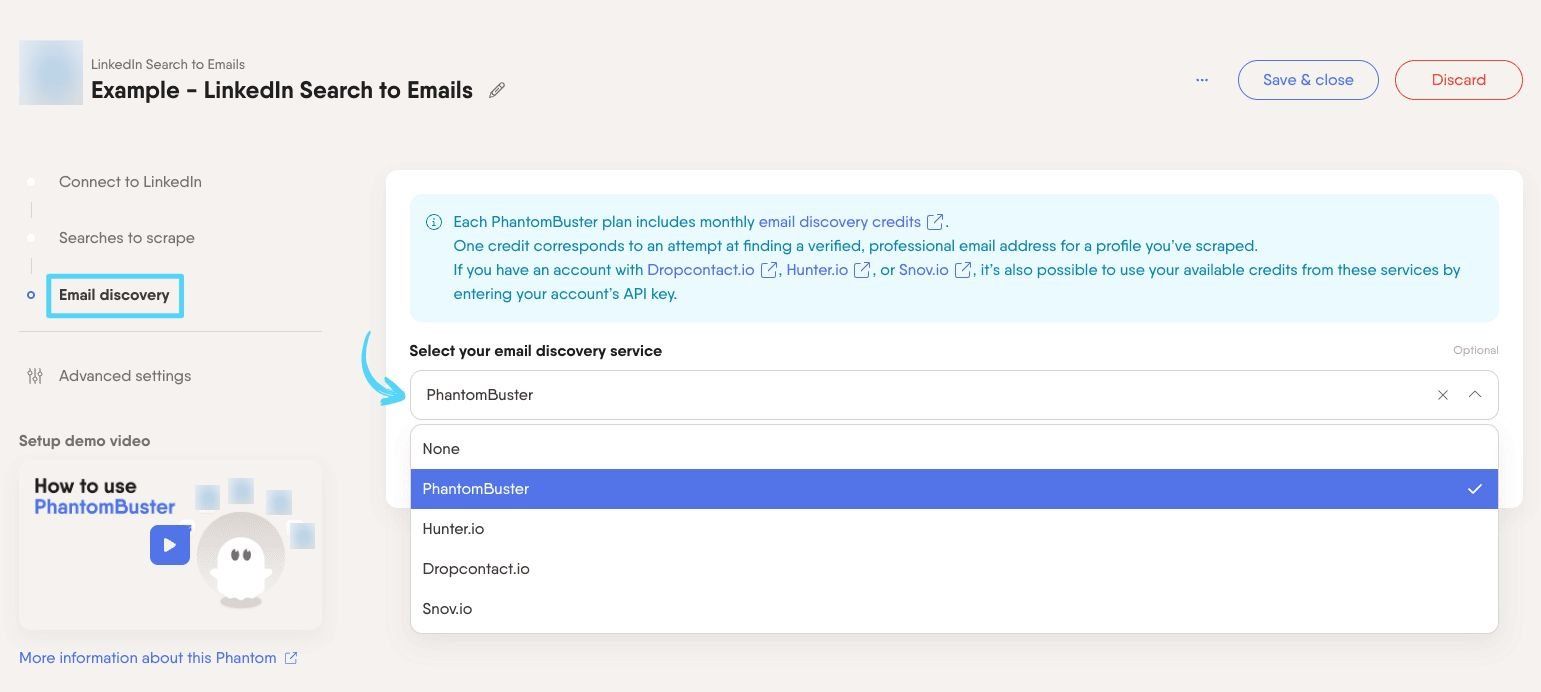 PhantomBuster LinkedIn Search to Emails step 3 enriching your leads with professional emails