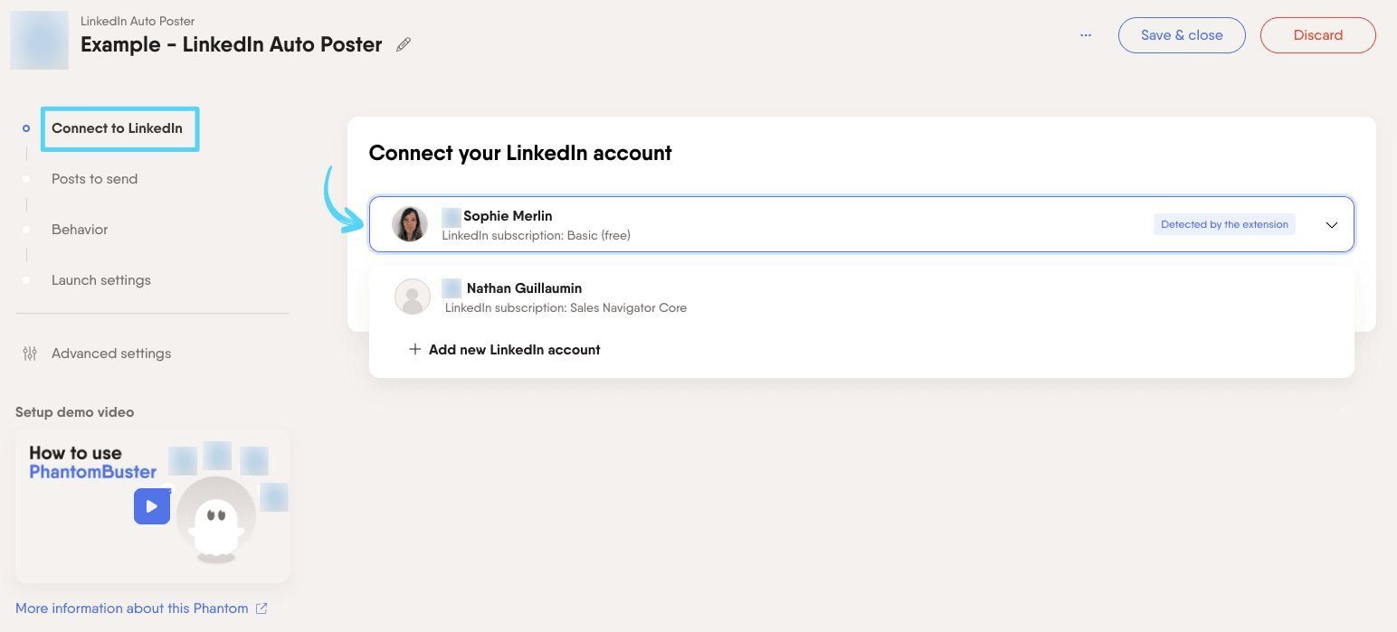 PhantomBuster LinkedIn Auto Poster step 1 connecting your LinkedIn account