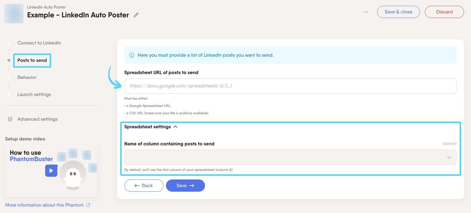 PhantomBuster LinkedIn Auto Poster step 2 providing your post content from a spreadsheet
