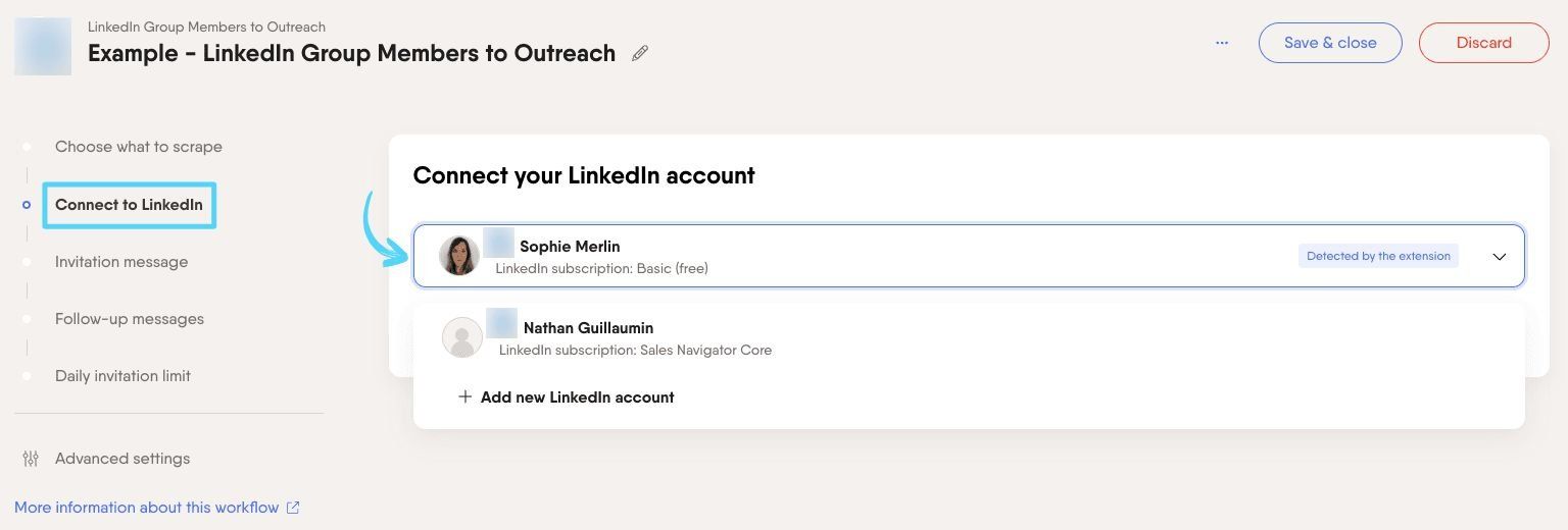 PhantomBuster Workflow step 2 connecting a LinkedIn account