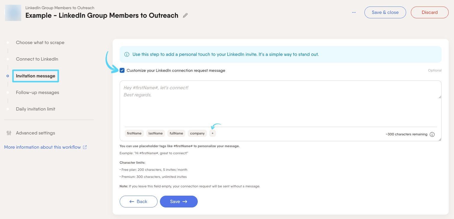 PhantomBuster Workflow step 3 customizing the LinkedIn connection request message