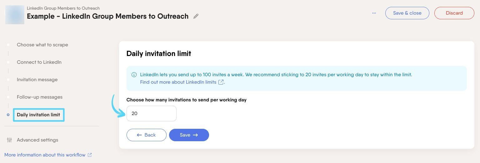 PhantomBuster Workflow step 5 setting the daily invitation limit
