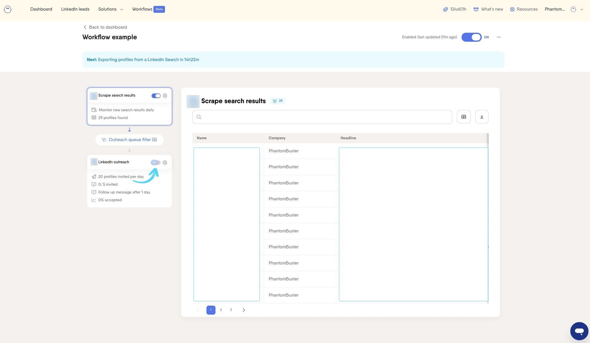 PhantomBuster Workflow LinkedIn outreach toggle to start sending invites