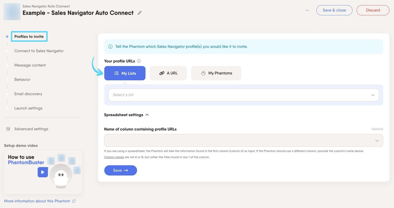 PhantomBuster Sales Navigator Auto Connect step 1 choosing which Sales Navigator profiles to invite