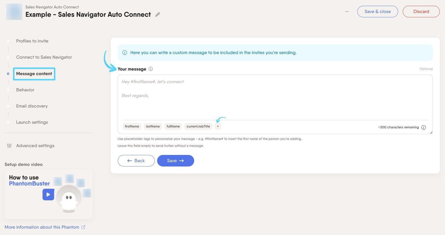 PhantomBuster Sales Navigator Auto Connect step 3 writing and customizing your connection request message