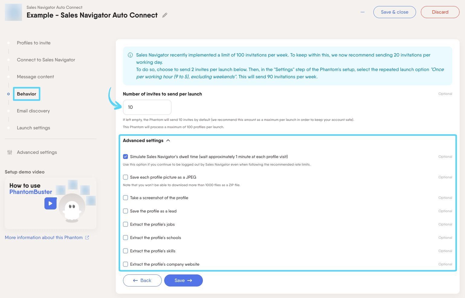 PhantomBuster Sales Navigator Auto Connect step 4 configuring connection limits and advanced behavior