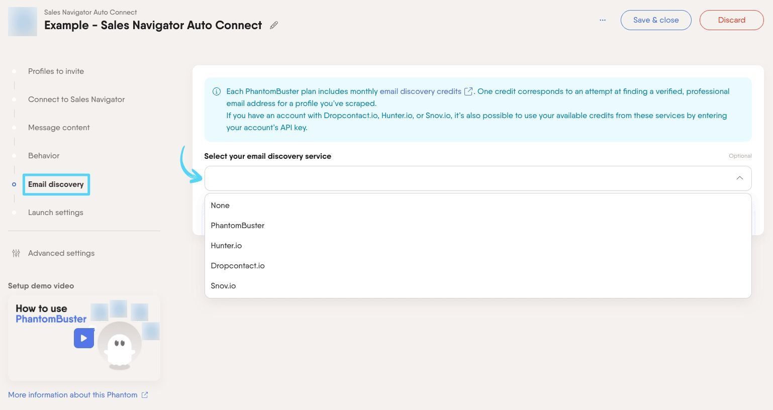 PhantomBuster Sales Navigator Auto Connect step 5 enriching leads with professional emails via email discovery