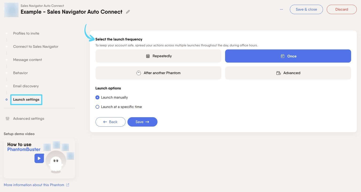 PhantomBuster Sales Navigator Auto Connect step 6 selecting launch frequency