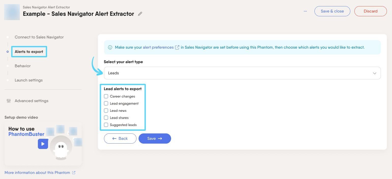 PhantomBuster Sales Navigator Alert Extractor step 2 selecting which types of lead and account alerts to export