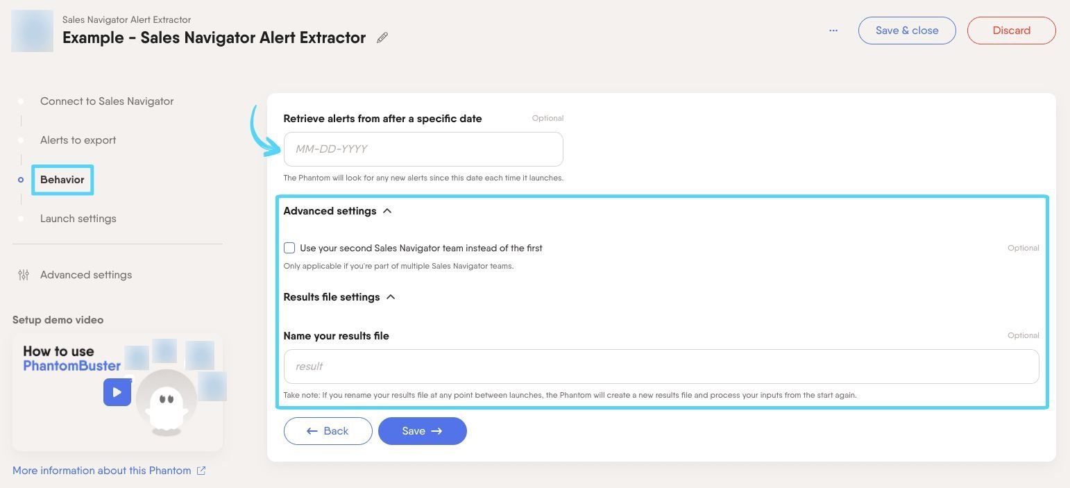 PhantomBuster Sales Navigator Alert Extractor step 3 configuring alert filters date and result file settings