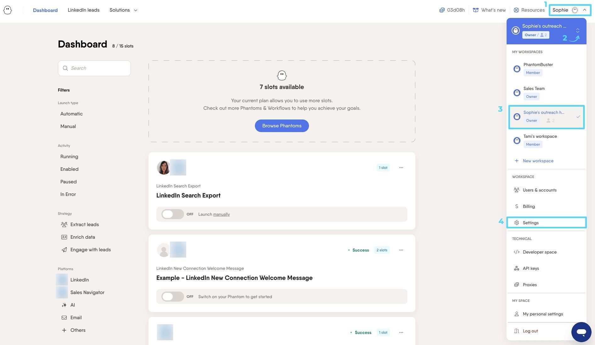 PhantomBuster HubSpot Contact LinkedIn Outreach accessing workspace settings to enable Contact update only