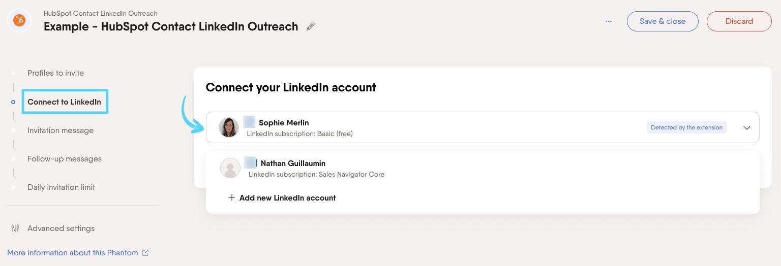 PhantomBuster HubSpot Contact LinkedIn Outreach step 2 connecting your LinkedIn account