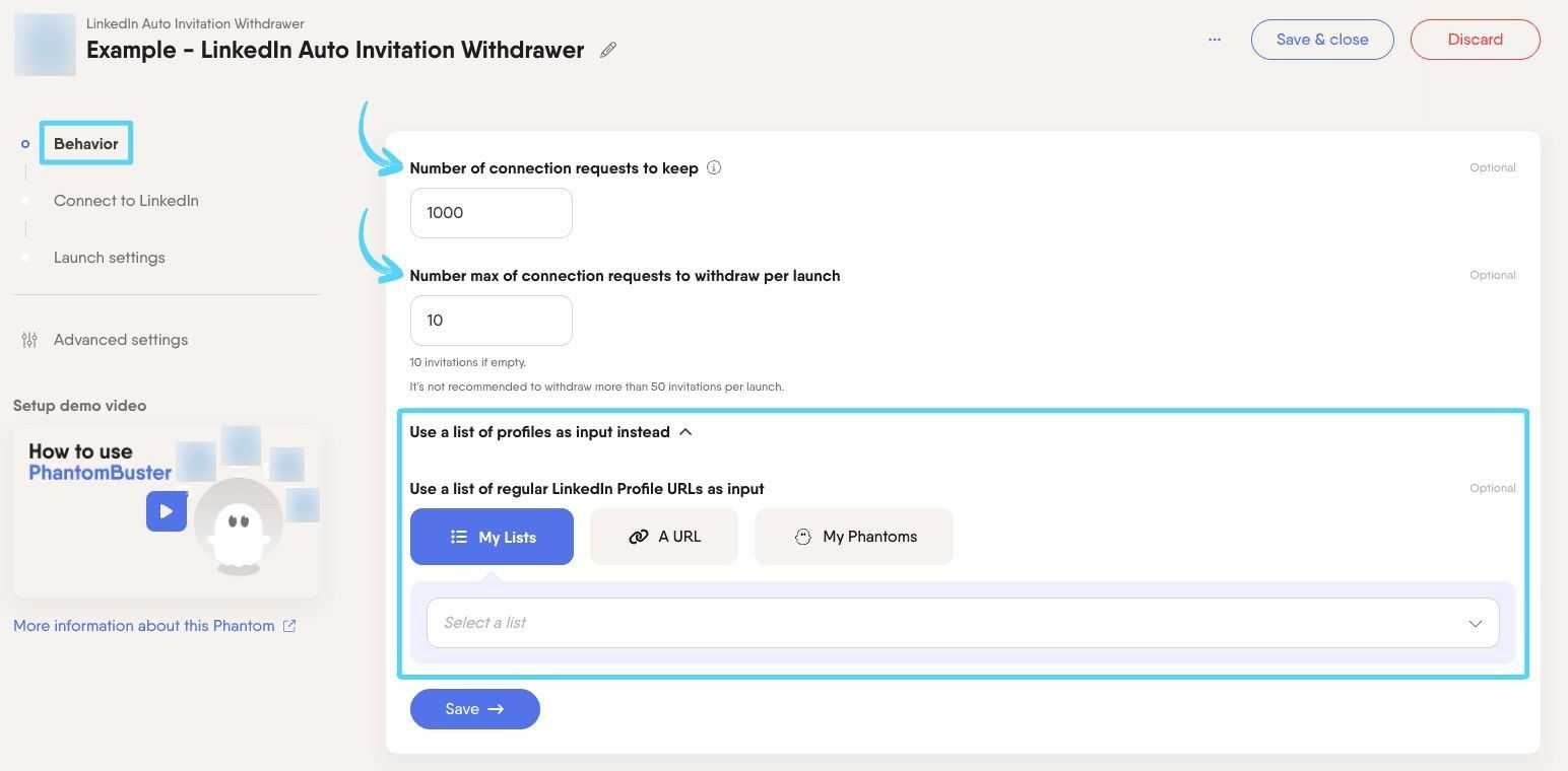 PhantomBuster LinkedIn Auto Invitation Withdrawer step 1 choosing how many invitations to withdraw