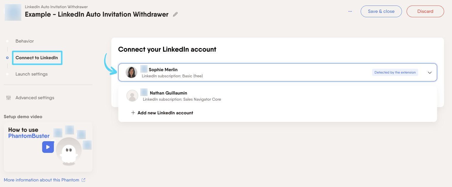 PhantomBuster LinkedIn Auto Invitation Withdrawer step 2 connecting your LinkedIn account