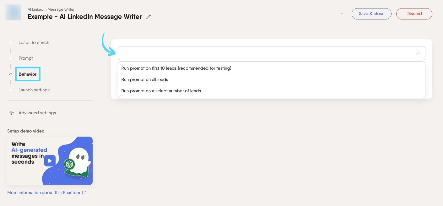 AI Phantom behavior step with prompt frequency dropdown options