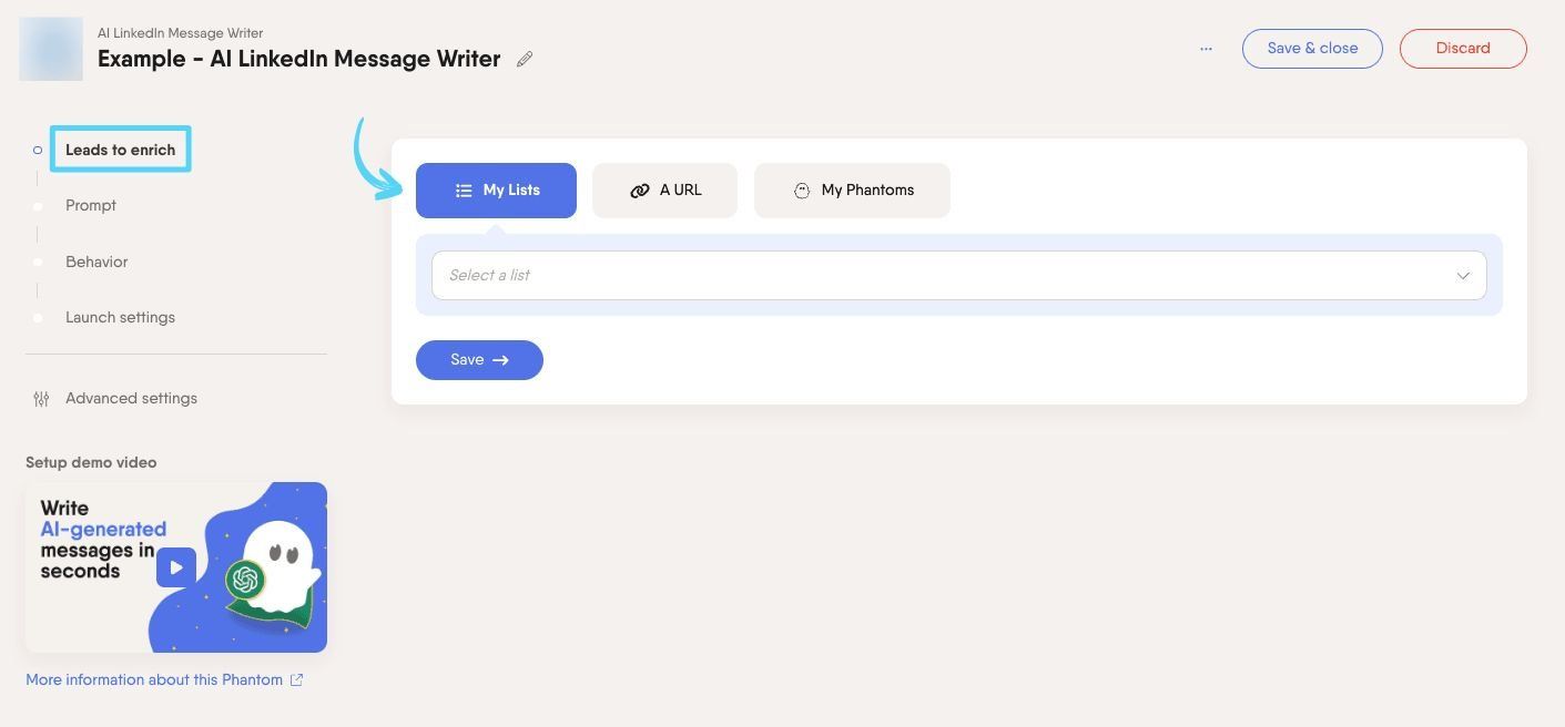 AI Phantom input step showing where to add LinkedIn profile URLs or post URLs