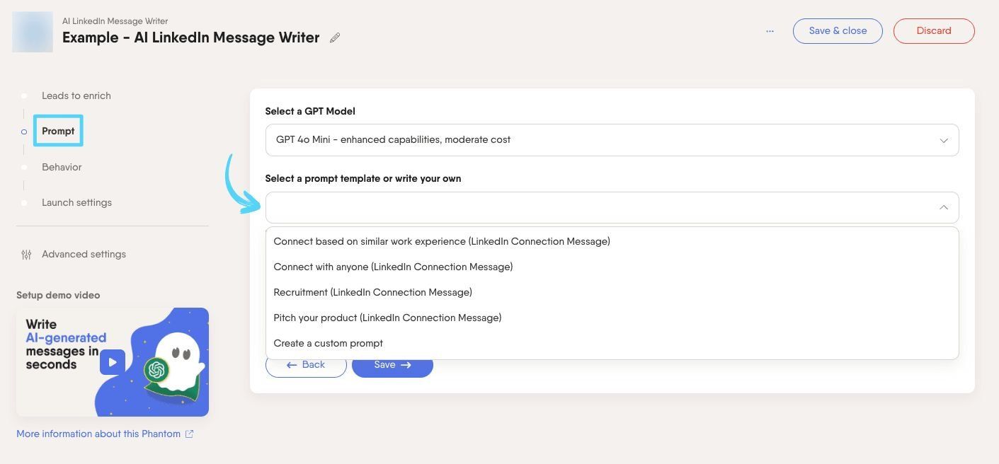 AI Phantom prompt step with template selection and custom prompt options