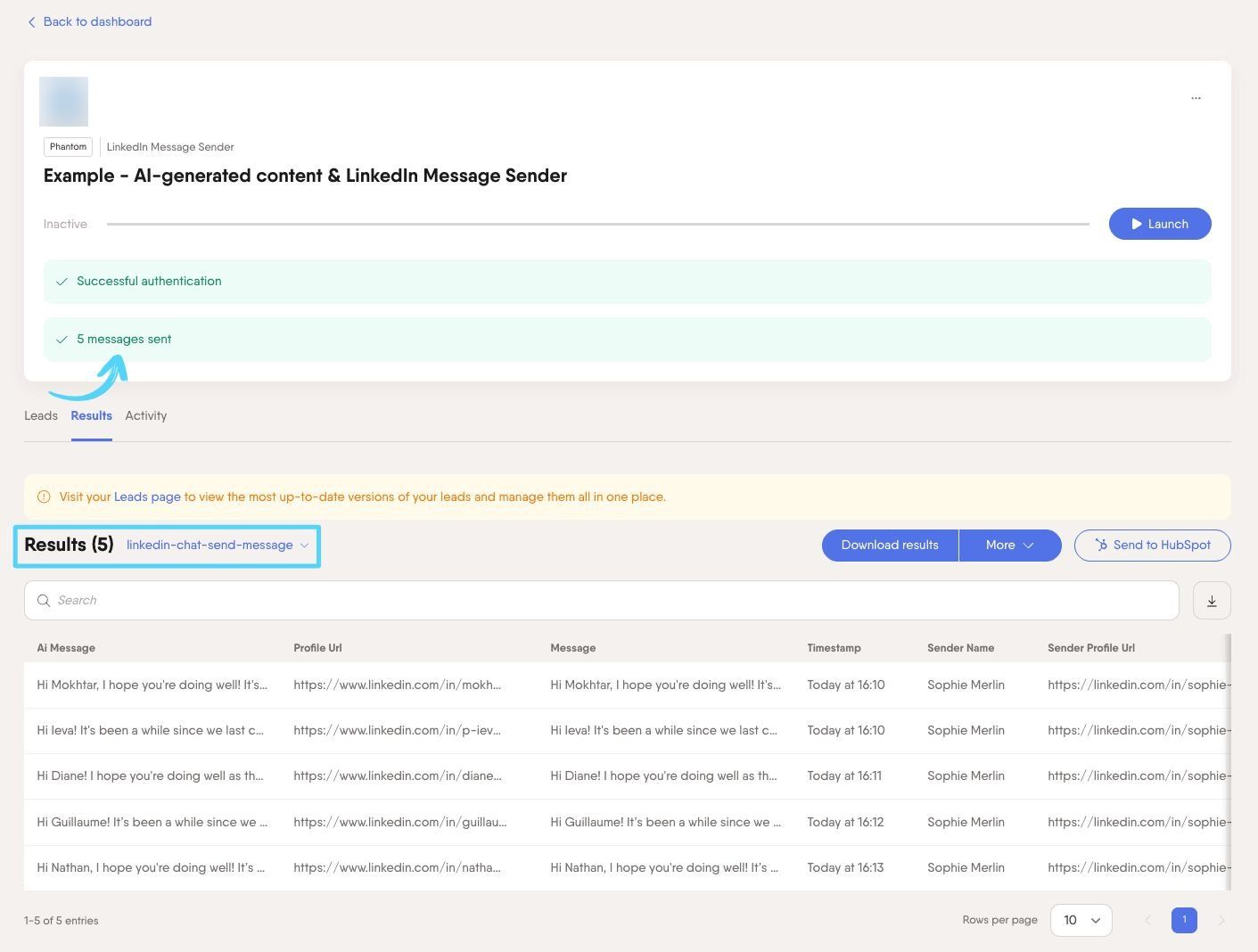 Outreach Phantom console showing successfully sent AI-generated messages