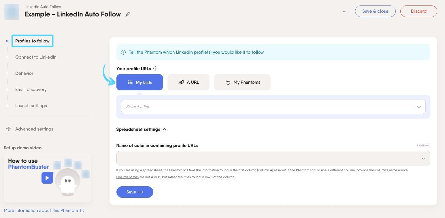 PhantomBuster LinkedIn Auto Follow step 1 choosing which LinkedIn profiles to follow