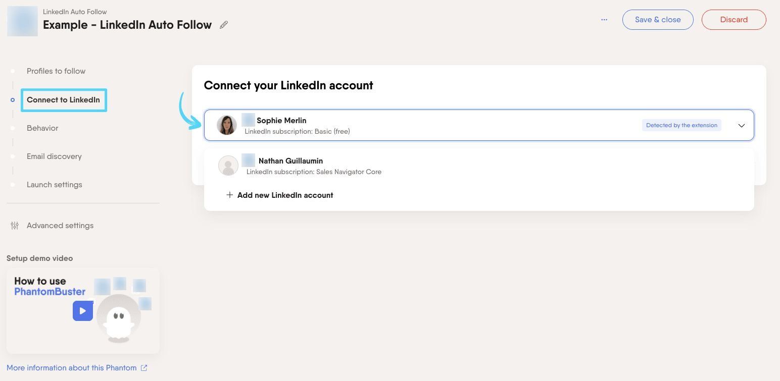 PhantomBuster LinkedIn Auto Follow step 2 connecting your LinkedIn account