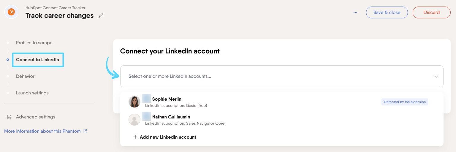 PhantomBuster HubSpot Contact Career Tracker step 2 connecting your LinkedIn account