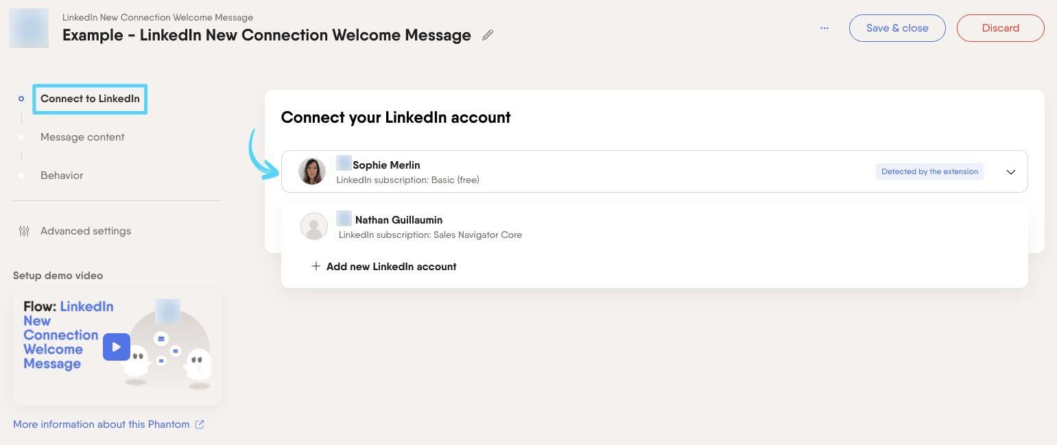 PhantomBuster LinkedIn New Connection Welcome Message step 1 connecting your LinkedIn account
