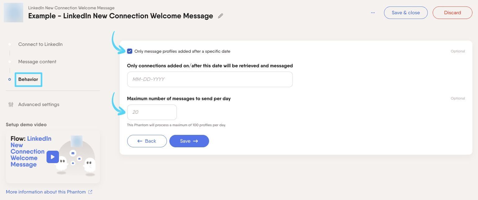 PhantomBuster LinkedIn New Connection Welcome Message step 3 filtering by date and setting a daily cap