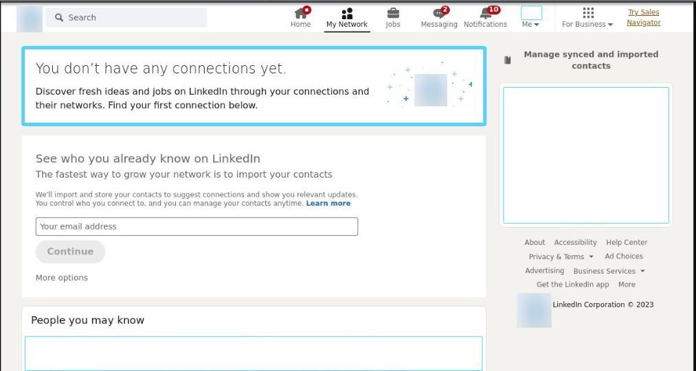 LinkedIn Connections page showing the You don't have any connections yet message