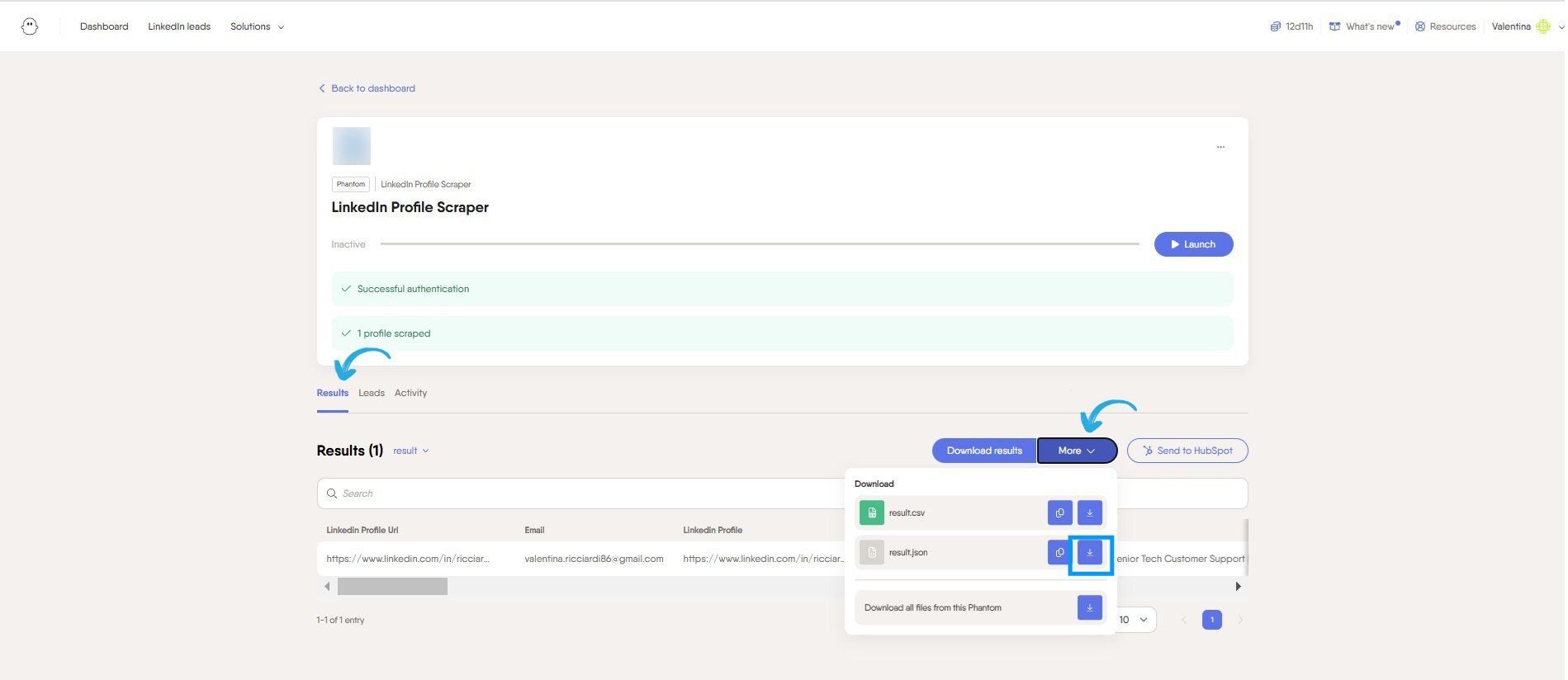 PhantomBuster Results tab showing the More button with the results.json download option