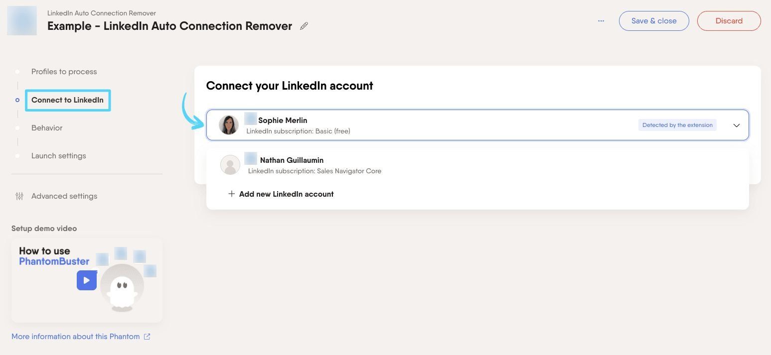PhantomBuster LinkedIn Auto Connection Remover step 2 connecting your LinkedIn account