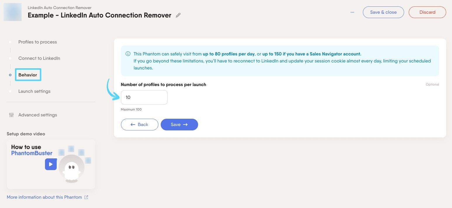 PhantomBuster LinkedIn Auto Connection Remover step 3 setting how many profiles to process per launch
