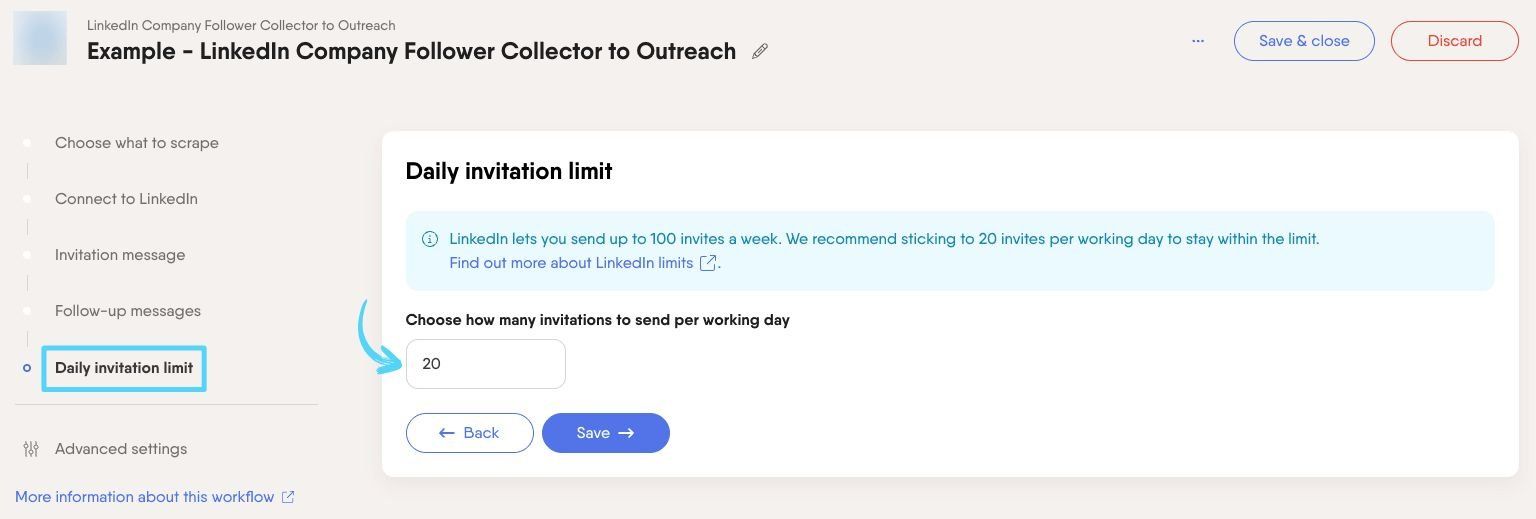 PhantomBuster Workflow step 5 setting the daily invitation limit