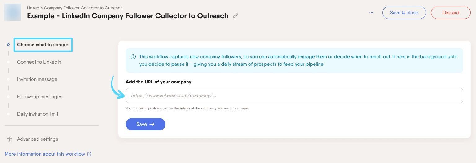 PhantomBuster Workflow step 1 pasting the LinkedIn Company Page URL