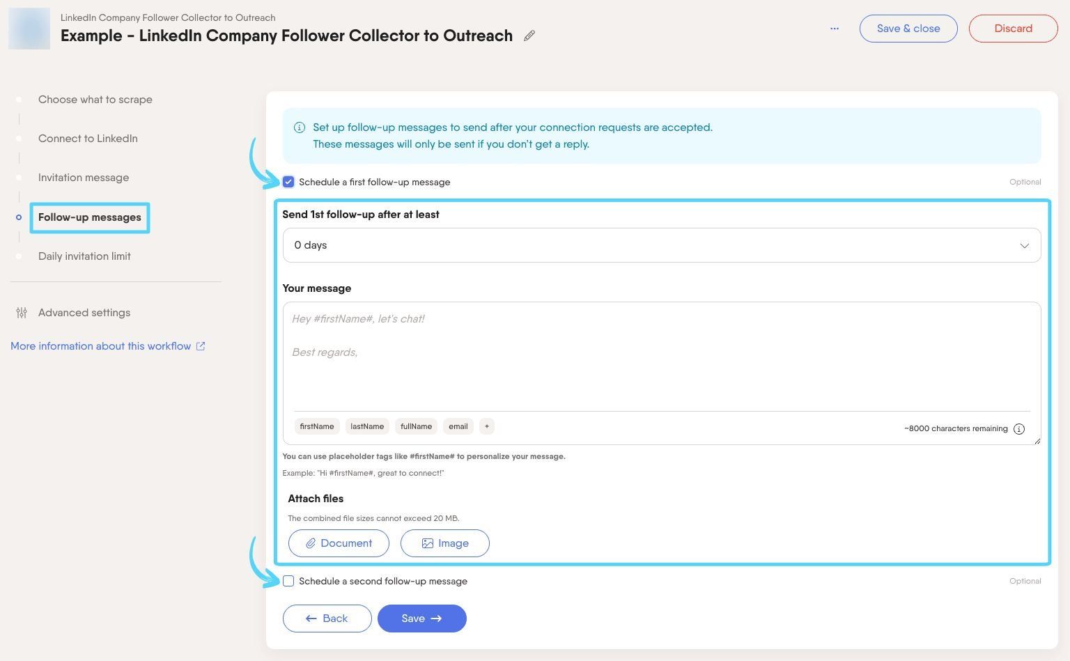 PhantomBuster Workflow step 4 writing and scheduling follow-up messages