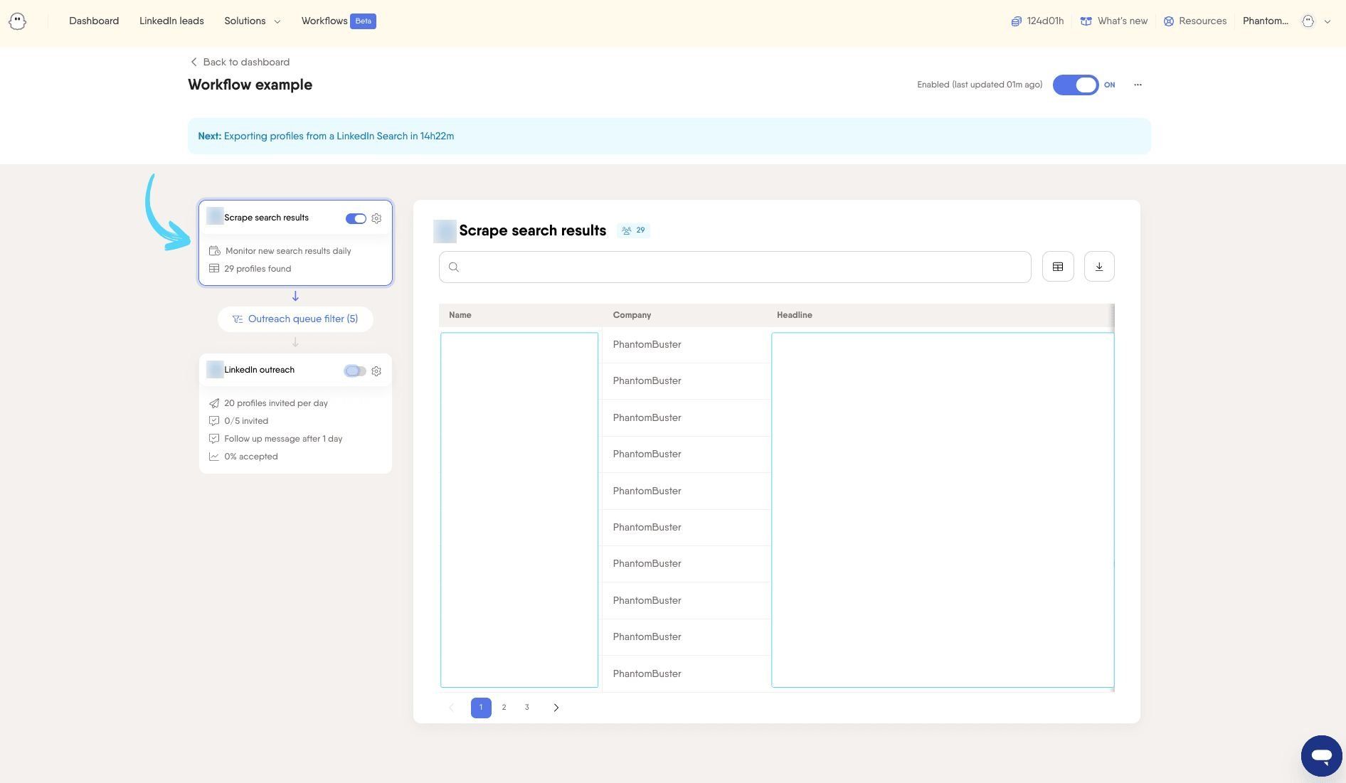 PhantomBuster Workflow console showing the extracted company followers